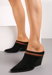 Czarne Klapki na Stożku w Stylu Kowbojek z Plecionym Paskiem Natherra. Czarne klapki damskie Born2be, bez wzorów, z materiału, bez obcasa, na obcasie. Za 119.99 zł.