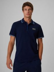 4F Koszulka polo regular męska - granatowa XXL. Niebieskie koszulki polo męskie 4f, m, bez wzorów, z dzianiny, klasyczne, bez ramiączek. Za 99.99 zł.