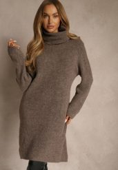 Jasnobrązowa Sweterkowa Sukienka Golf z Wełną i Wiskozą Fedorina. Brązowe sukienki damskie Renee, na co dzień, bez wzorów, z wełny, bez kołnierzyka, bez ramiączek, midi, oversize. Za 179.99 zł.