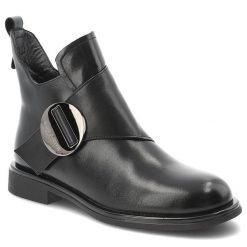 Botki damskie Artiker o eleganckim fasonie z ozdobnym paskiem z dużą metalową klamrą i niskim stabilnym obcasem czarne, 59C1200. Czarne kozaki damskie Artiker, bez obcasa, na obcasie. Za 329.00 zł.