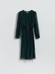 Plisowana sukienka z paskiem - morski. Zielone sukienki damskie Reserved, l, bez wzorów, z dzianiny, klasyczne, bez kołnierzyka, bez ramiączek, maxi. Za 139.99 zł.