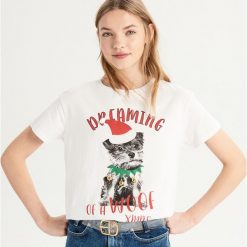 T-shirt ze świątecznym pieskiem - Biały. Białe t-shirty damskie Sinsay. Za 24.99 zł.