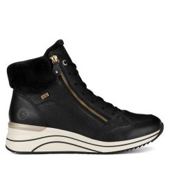 Trzewiki Remonte. Czarne botki damskie Remonte, bez obcasa, na koturnie, bez zapięcia. Za 367.00 zł.