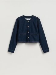 Jeansowa marynarka - granatowy. Niebieskie żakiety damskie Reserved, l, bez wzorów, z denimu. Za 129.99 zł.