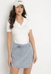 Jasnoniebieskie Jeansowe Spódnico-Szorty o Asymetrycznym Kroju z Ozdobnymi Przeszyciami Lisarennea. Niebieskie szorty sportowe damskie Born2be, l, bez wzorów, z jeansu, eleganckie. Za 139.99 zł.