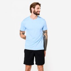 Koszulka fitness męska Domyos. Niebieskie koszulki sportowe męskie DOMYOS, m, bez wzorów, z elastanu, bez kołnierzyka, bez ramiączek, na fitness i siłownię. Za 79.99 zł.