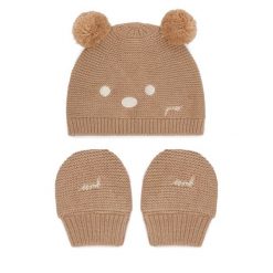 Zestaw czapka i rękawiczki Guess. Brązowe rękawiczki dziecięce Guess, z aplikacjami. Za 114.99 zł.