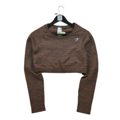 Second life - Koszulka fitnessowa dla kobiet w kolorze brązowym - Jak nowy. Brązowe koszulki sportowe damskie GYMSHARK, bez wzorów, sportowe, bez kołnierzyka. Za 122.63 zł.