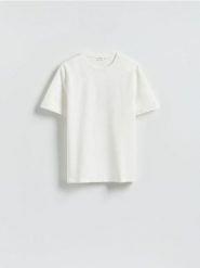 Gładki t-shirt regular fit - złamana biel. T-shirty męskie Reserved, l, bez wzorów, z bawełny, bez kołnierzyka. Za 99.99 zł.