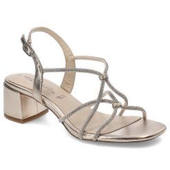 Złote Sandały Tamaris Eleganckie Obuwie Damskie. Żółte klapki damskie Tamaris, bez wzorów, z materiału, bez obcasa, na obcasie, bez zapięcia. Za 289.00 zł.