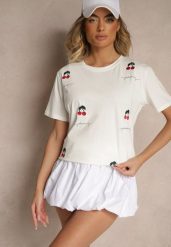 Biały T-shirt z Bawełny z Haftowanymi Detalami w Wiśnie Nevianeva. Białe bluzki damskie Renee, m, bez wzorów, z bawełny, biznesowe, bez kołnierzyka. Za 34.99 zł.