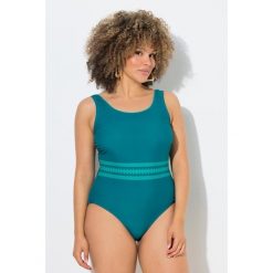 Damskie Strój kąpielowy ozdobne paski bez miękkich miseczek okrągły dekolt. Niebieskie kostiumy jednoczęściowe damskie Ulla Popken, plus size, bez wzorów, z elastanu, sportowe, plus size, do pływania. Za 199.99 zł.