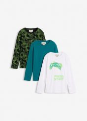 Bluzka z długim rękawem z miękkiej bawełny organicznej (3 sztuki). Niebieskie koszule dla chłopców bonprix, bez wzorów, z bawełny, bez kołnierzyka, bez ramiączek. Za 113.97 zł.