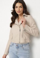 Beżowa Kurtka w Stylu Ramoneski z Ozdobnymi Napami Zolvezia. Brązowe kurtki damskie Born2be, xl, bez wzorów, z jeansu, bez kaptura. Za 129.99 zł.