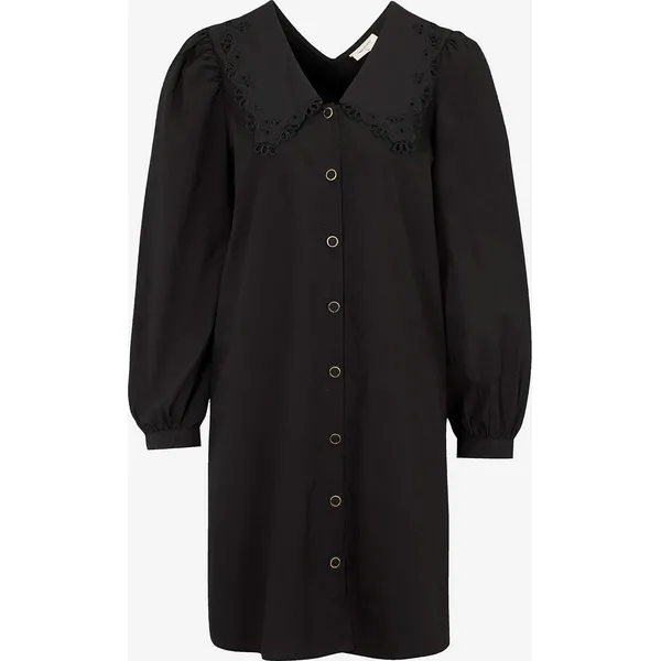 Sukienka Collary. Czarne sukienki damskie Freequent, s, w ażurowe wzory, z tkaniny, eleganckie, bez kołnierzyka, bez ramiączek, mini. Za 249.00 zł.