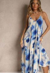Niebieska Sukienka z Wiskozy Ozdobiona Abstrakcyjnym Wzorem Nilluna. Niebieskie sukienki damskie Renee, na co dzień, na lato, m, bez wzorów, z jeansu, eleganckie, bez kołnierzyka, bez ramiączek, maxi, sportowe. Za 89.99 zł.