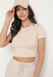 Beżowy T-shirt z Wiskozą o Dopasowanym Kroju Typu Crop Top Folirra. Brązowe bluzki damskie Born2be, m, bez wzorów, z jeansu, klasyczne, bez kołnierzyka. Za 39.99 zł.