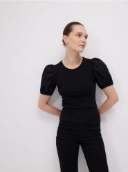 Bluzka z modalem - czarny. Czarne bluzki damskie Reserved, l, bez wzorów, z dzianiny, bez kołnierzyka, bez ramiączek. W wyprzedaży za 49.99 zł.