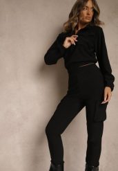Czarny Komplet Dresowy Cargo Bluza ze Stójką i Spodnie Jogger Litene. Czarne bluzy damskie Renee, l, bez wzorów, z dresówki, bez kaptura. Za 79.99 zł.