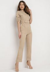 Ciemnobeżowy Długi Kombinezon w Rustykalnym Stylu z Paskiem Orilena. Brązowe sukienki damskie Born2be, l, bez wzorów, sportowe, bez kołnierzyka, bez ramiączek, maxi, sportowe. Za 99.99 zł.