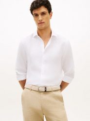 Tommy Hilfiger Tailored koszula lniana Mężczyźni Slim Fit len biały, L. Białe koszule męskie Tommy Hilfiger Tailored, l, bez wzorów, ze lnu, klasyczne, bez kołnierzyka, bez ramiączek. Za 479.95 zł.