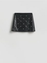 Spódnica mini z sercami - czarny. Czarne spódnice damskie Reserved, l, bez wzorów, ze skóry, mini, trapezowe. Za 109.99 zł.