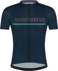 Koszulka z krótkim rękawem LOGO, granatowa. Niebieskie koszulki sportowe męskie Shimano, l, bez wzorów, z materiału, bez kołnierzyka, bez ramiączek, rowerowe. Za 324.30 zł.