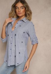 Niebieska Wiskozowa Koszula o Klasycznym Kroju z Rozcięciami i Haftem Uliavia. Niebieskie bluzki damskie Renee, l, bez wzorów, z jeansu, eleganckie, bez kołnierzyka, bez ramiączek. Za 49.99 zł.