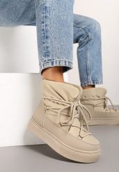 Ciemnobeżowe Śniegowce na Platformie ze Sznurowaniem Izatria. Brązowe śniegowce i trapery damskie Renee, z futra. Za 69.99 zł.