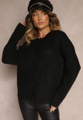 Czarny Rozpinany Casualowy Kardigan z Wełną Besalttia. Czarne kardigany damskie Renee, na jesień, bez wzorów, z jeansu, eleganckie, bez kołnierzyka, bez ramiączek, bez kaptura. Za 159.99 zł.