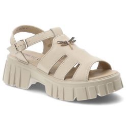 Sandały damskie Vinceza, cholewka ze skóry naturalnej licowej ażurowe wycięcia z przodu, beżowe, 79627. Brązowe klapki damskie VINCEZA, w ażurowe wzory, ze skóry, eleganckie, bez obcasa, na obcasie. Za 159.00 zł.