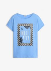 T-shirt z czystej bawełny organicznej. Niebieskie t-shirty damskie bonprix, bez wzorów, z bawełny, eleganckie, bez kołnierzyka. Za 52.99 zł.