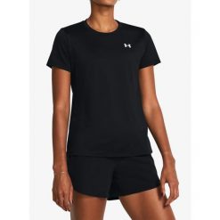 Koszulka szybkoschnąca damska Under Armour Tech SSC. Czarne koszulki sportowe damskie Under Armour, bez wzorów, bez kołnierzyka, bez ramiączek. Za 92.99 zł.
