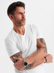 Klasyczna męska bawełniana koszulka z dekoltem w serek BASIC – biała V4 OM-TSBS-0237 - XXL. Białe t-shirty męskie Ombre Clothing, l, bez wzorów, z bawełny, klasyczne, bez kołnierzyka. W wyprzedaży za 39.99 zł.