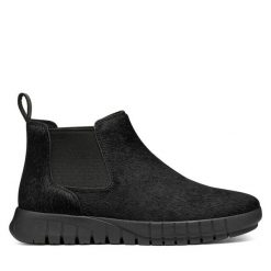 Sztyblety Geox. Czarne botki damskie Geox, bez obcasa, na płaskiej podeszwie, bez zapięcia. Za 589.99 zł.