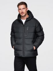 Pikowana ocieplana kurtka męska z raglanowym rękawem – czarna V4. Czarne kurtki męskie Ombre Clothing, m, z aplikacjami, z materiału, bez kaptura. Za 369.99 zł.