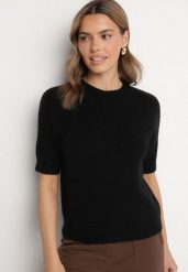Czarny Sweter z Wełną z Krótkim Rękawem Dannoria. Czarne swetry damskie Born2be, uniwersalny, bez wzorów, z jeansu, eleganckie, bez kołnierzyka, bez ramiączek, krótkie, bez kaptura. Za 149.99 zł.