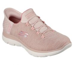 Damskie SUMMITS DAZZLING HAZE Slip-On Różowy. Czerwone trampki i tenisówki damskie Skechers, bez wzorów, z jersey, bez zapięcia. Za 409.70 zł.