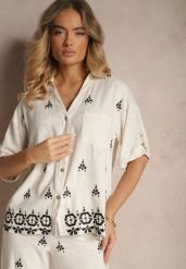 Biało-Czarna Luźna Koszula z Wzorem Boho z Lnu i Wiskozy Karisna. Białe bluzki damskie Renee, na lato, l, bez wzorów, z jeansu, boho, bez kołnierzyka, bez ramiączek. Za 74.99 zł.