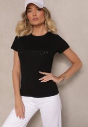 Czarny T-shirt z Bawełny Ozdobiony Metalicznym Napisem Galvivia. Czarne bluzki damskie Renee, m, z aplikacjami, z bawełny, eleganckie, bez kołnierzyka, bez ramiączek. Za 79.99 zł.