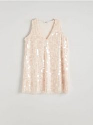 Cekinowa sukienka mini - beżowy. Brązowe sukienki damskie Reserved, l, bez wzorów, z tkaniny, bez kołnierzyka, bez ramiączek, mini, rozkloszowane. W wyprzedaży za 89.99 zł.