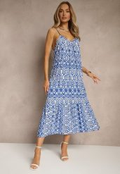 Niebieska Bawełniana Sukienka w Geometryczny Wzór Koloniela. Niebieskie sukienki damskie Renee, na co dzień, l, bez wzorów, z bawełny, eleganckie, bez kołnierzyka, bez ramiączek, midi. Za 39.99 zł.