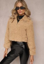 Ciemnobeżowa Kurtka ze Sztucznego Futra w Stylu Baranka z Klamrą i Paskiem Bomica. Brązowe kurtki damskie Renee, l, bez wzorów, z dzianiny, bez kaptura. Za 129.99 zł.