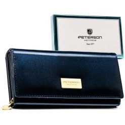 Granatowy portfel damski wykonany ze skóry naturalnej i ekologicznej - Peterson. Niebieskie portfele damskie Peterson, bez wzorów, ze skóry. Za 83.99 zł.