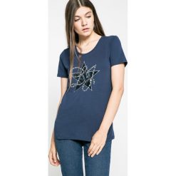 Liu Jo - Top. Szare topy damskie Liu Jo, z aplikacjami, z bawełny, z okrągłym kołnierzem, z krótkim rękawem. W wyprzedaży za 179.90 zł.