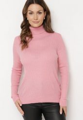 Ciemnoróżowy Golf w Prążki Allelina. Czerwone swetry damskie Born2be, m, bez wzorów, z jeansu, eleganckie, bez kołnierzyka, bez ramiączek, bez kaptura. Za 74.99 zł.