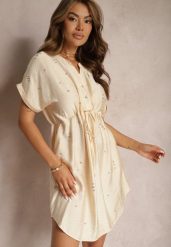 Beżowa Sukienka Pudełkowa z Troczkiem w Talii i Zdobiona Cyrkoniami Quilefia. Brązowe sukienki damskie Renee, do pracy, l, z aplikacjami, biznesowe, bez kołnierzyka, bez ramiączek, mini, proste. Za 109.99 zł.