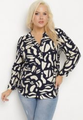 Granatowa Koszula z Wiskozą Zdobiona Geometrycznym Wzorem Melivis. Niebieskie bluzki damskie Born2be, plus size, z aplikacjami, z jeansu, eleganckie, bez kołnierzyka, plus size, bez ramiączek. Za 69.99 zł.