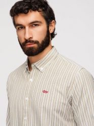 Bawełniana koszula męska REGULAR FIT w drobne paski – beżowa V1. Brązowe koszule męskie Ombre Clothing, m, bez wzorów, z bawełny, biznesowe, bez kołnierzyka, bez ramiączek. Za 189.99 zł.