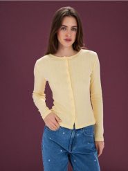 Bluzka z bawełną z długim rękawem - żółty. Żółte bluzki damskie Sinsay, l, bez wzorów, z bawełny, bez kołnierzyka, bez ramiączek. Za 29.99 zł.